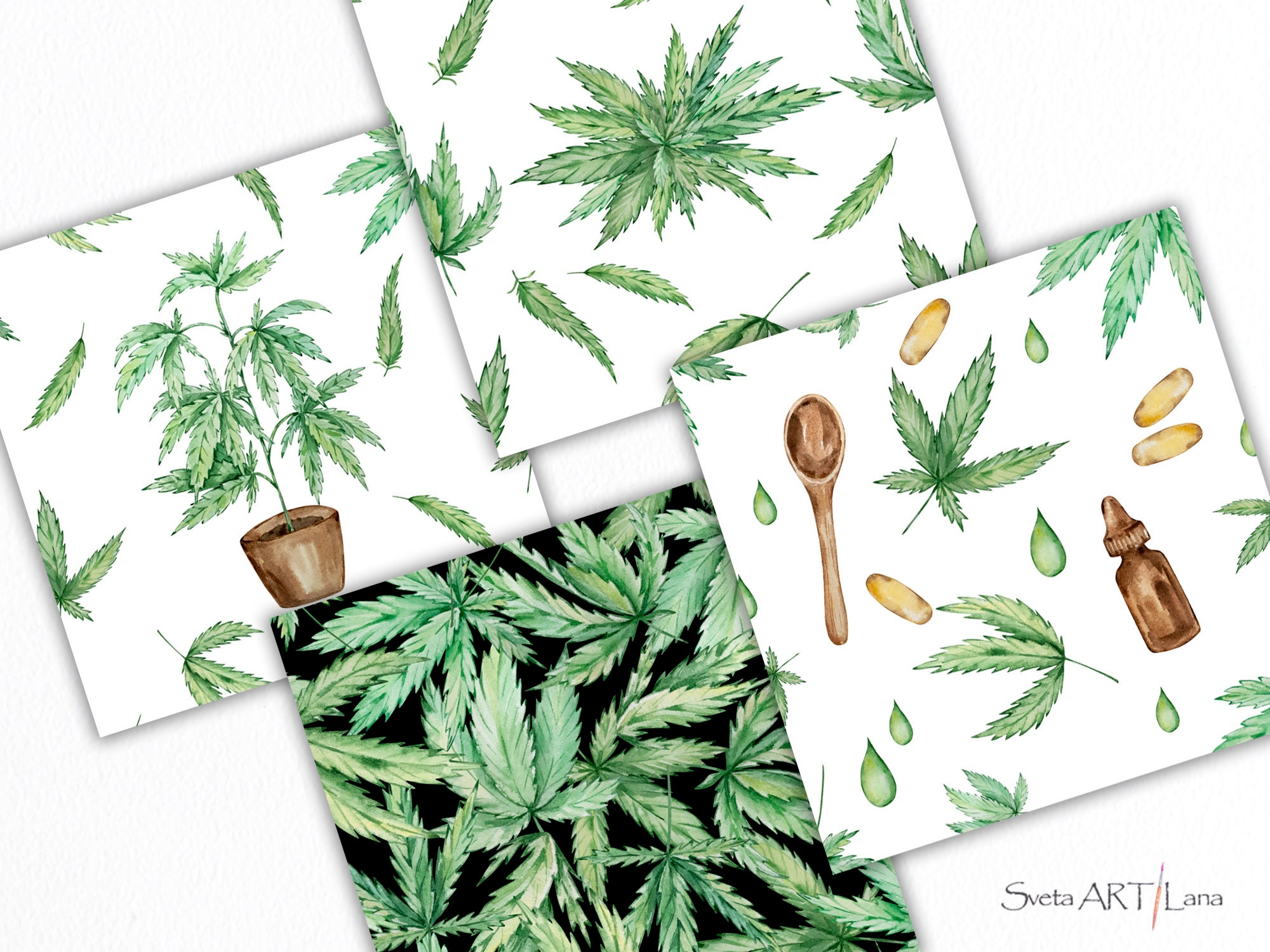 Cannabis Watercolor Digital Paper Hemp Wrapping Paper Etsy