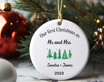 Mr and mrs spring Christmas ornament, mr and mrs tree Christmas ornament, our first Christmas married as mr and mrs ornament, personalized