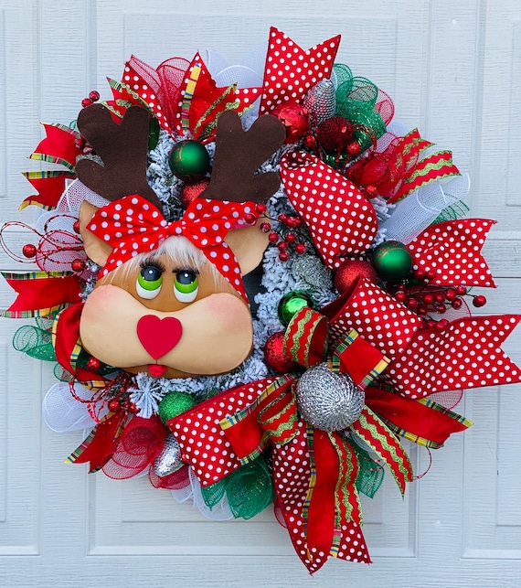 Whimsical Christmas Wreath, Rudolf the Red Nose Reindeer, Christmas Decor, Rudi the Reindeer Wreath, Christmas Wreath, Female Reindeer
