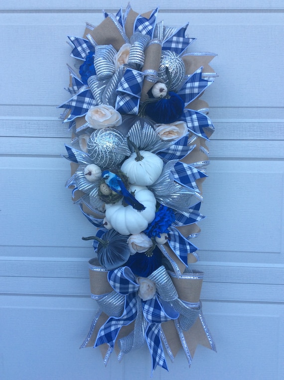 Fall Wreath, Fall Swag, Blue Fall Wreath, Blue Fall Swag, Whimsical Fall Decor, Elegant Fall Decor