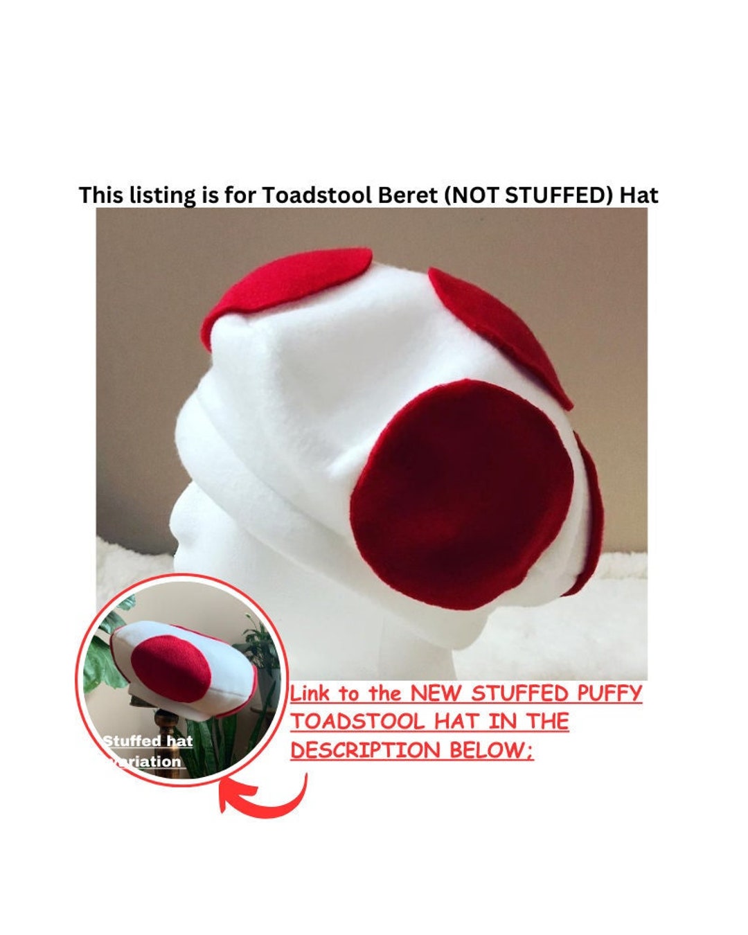Toadstool Hat Baby Kids Adult/ Toadette Hat/ Beret Hat/ White Hat Red ...