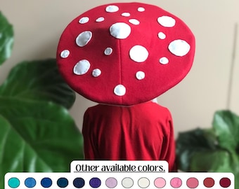Red Mushroom Hat: Woodland Costume, Fleece Earflaps / Beanie, varity of colors, Adults Kids & Pets
