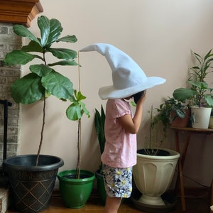 May include: A child wearing a white pointed hat with a wide brim, a pink shirt, and floral print shorts. The child is standing in a room with plants and a wooden floor.