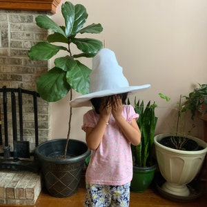 May include: A child wearing a white pointed hat, a pink shirt with a floral pattern, and floral print shorts. The child is standing in front of a fireplace and plants.