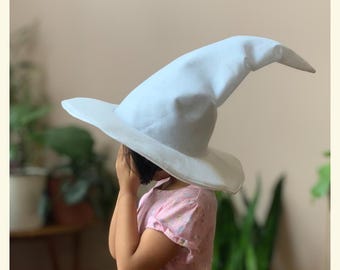 White Witch Hat – Summer Sun Hat, Wizard Mage Sorcerer Warlock Hat, Pointed Felt Hat for Baby Toddler Kids Adults 15” Wide Ren Faire Costume