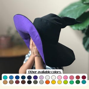 Chapéu de bruxa preto: parte inferior roxa, tamanho único para crianças e adultos em diversas cores.