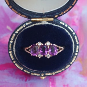Amethyst Three Stone Ring with Diamond Accents ~ Hallmarked 9ct gold ~ Size N1/2 / 55 / 7.25 ~ Vintage Amethyst and Diamond Ring