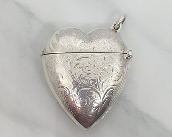VESTA BOX Pendant Solid Sterling Silver 925 Vintage Antique Style HEART SHAPE