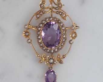 Victorian Antique Amethyst and Pearl Brooch Pendant ~ 15ct Gold ~ 2.9cm x 4.7cm ~ English, Circa 1885