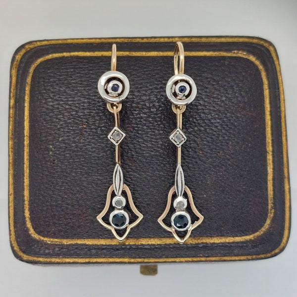 Early Art Deco Antique Sapphire and Diamond Drop Earrings ~ Gold and Silver ~ Drop 4.3cm ~ Circa 1920