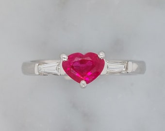 Ruby Heart and Diamond Ring ~ Ruby 0.55ct ~ Diamond 0.20ct ~ 18ct White Gold ~ Size K1/2 / 51.5 / 5.75