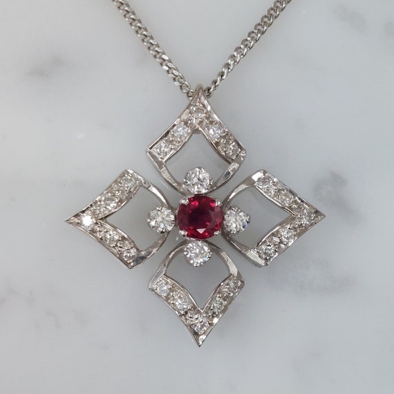 Vintage Ruby and Diamond Square Floral Pendant With Chain - Etsy