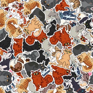 May include: A sticker sheet featuring a variety of cartoon cat illustrations in various poses and colors. The cats are depicted in shades of orange, black, gray, and white, with some having unique patterns and expressions. The stickers are on a white background.