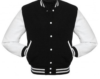 Personalized Black And White Varsity Jacket Men Blank Letterman Jacket In Black Wool Body And White Leather Arms - Vintage Letterman Jacket