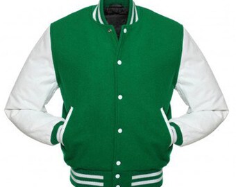 Handmade Letterman Jacket - Green And White Baseball Jacket - Men's Designer Varsity Jacket In Wool Body And Leather Arms