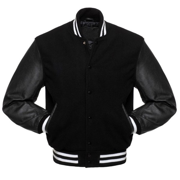 Custom Plain Varsity Jacket Men's Black Wool Body And Leather Arms Letterman Jacket- Wool Blank letterman Jacket With Black & White Rib