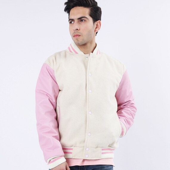 Off White and Pink Letterman Jacket Leather Arms and Wool Body Varsity Jacket Etsy