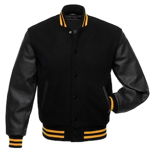 Chaqueta universitaria personalizada para hombre con cuerpo de lana negra y brazos de cuero Chaqueta de estilo universitario: chaqueta universitaria de lana hecha a medida con ribete negro y amarillo
