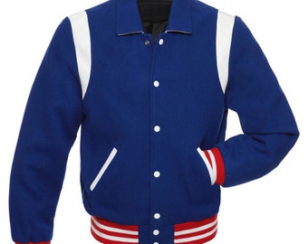 Personalized Saint Laurent Letterman Jacket - Men's Blue Wool Body And Arms Custom Saint Laurent Varsity-Varsity Jacket With Red & White Rib