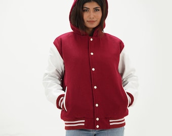 Women's Magenta And White Varsity Hoodie Jacket Leather Arms And Wool Body Varsity Jacket