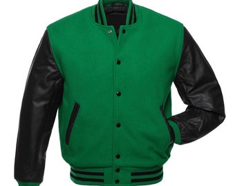 Custom Design Letterman Jackets - Green And Black Letterman Jacket - Men's Designer Varsity Jacket In Wool Body And Leather Arms