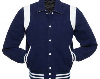 Saint Laurent Varsity Jacket - Men's Navy Blue Wool Body And Arms Custom Made Jacket With Blue & White Rib - Single Stripe Varsity Jacket