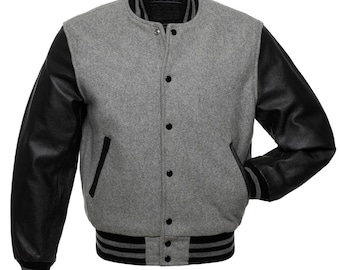 Personalized Gray And Black Varsity Jacket - Woman Designer Varsity Jacket In Wool Body And Leather Arms - Girls Jock Jacket
