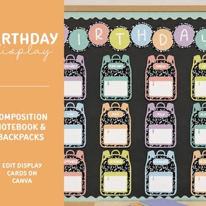 May include: A birthday display bulletin board featuring twelve backpack-shaped cutouts with composition notebook patterns, each labeled with a month. The top banner displays the word BIRTHDAYS in colorful circles against a black background.