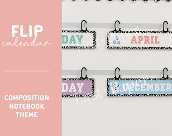 Flip Calendar - Digital Download - Composition Notebook Theme- 12 Months (2 Designs) - '26-'31 Classroom Decor
