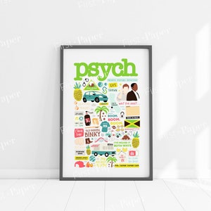 Psych TV Show Collage Poster - Quotes, Symbols,  Icons, Drawings - Gift for Psych Fans - Shawn - Gus - Wait for It - Ive Heard It Both Ways