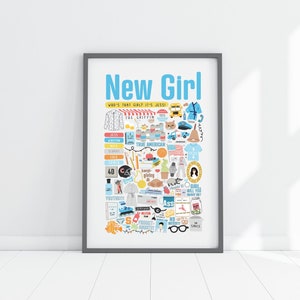 New Girl TV Show Collage Poster - Quotes, Symbols,  Icons, Drawings -Gift for New Girl Fans - Nick, Jess, Schmidt, Winston, Cece