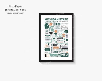 Michigan State University Collage Poster - Les Spartiates - Symboles du Collège Icônes Dessins - Décor de dortoir - Cadeau de diplômé