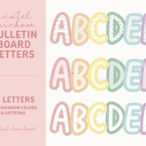 Könnte beinhalten: Pastellfarbene Regenbogen-Buchstaben für ein Bulletin Board. Die Buchstaben sind in verschiedenen Pastellfarben mit Mustern wie Streifen, Punkten und Zickzacklinien. Es gibt insgesamt 78 Buchstaben.