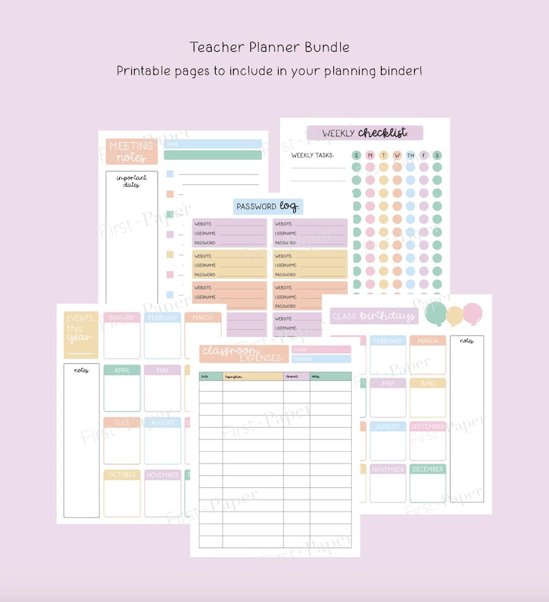 May include: A teacher planner bundle with printable pages. The pages include a weekly checklist, password log, classroom expenses, and monthly calendar pages. The pages are pastel colors with text that reads "Teacher Planner Bundle" and "Printable pages to include in your planning binder!"
