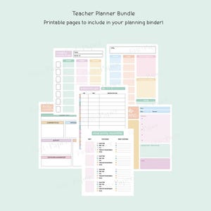 May include: A collection of printable teacher planner pages in pastel colors. The pages include sections for lesson plans, daily lessons, student information, and volunteer sign-ups. Text on the pages reads "Teacher Planner Bundle" and "Printable pages to include in your planning binder!"