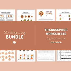 May include: Thanksgiving-themed digital worksheets bundle with 20 pages. Includes counting, size comparison, and matching activities. Features illustrations of turkeys, leaves, and pumpkins. The text includes "Thanksgiving Bundle" and "Thanksgiving Worksheets".