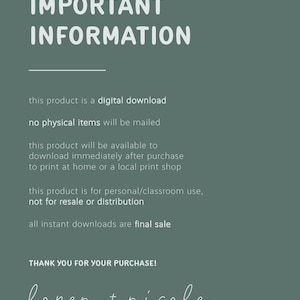 May include: A teal-colored digital download announcement with white text. The text reads "IMPORTANT INFORMATION" and details about the digital product, including that it is for personal use and is a final sale. The names "loren + nicole" are also included.