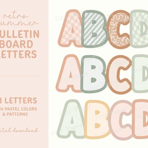 Letras retro de verano para tablón de anuncios - Solo descarga digital - A-Z - Colores y estampados divertidos - Fuente negrita - Decoración para el aula