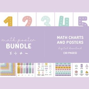 Op de afbeelding: Een bundel wiskundeposters met een lichtpaarse achtergrond. De posters tonen kleurrijke getallen, wiskundige symbolen en geometrische vormen. De tekst op de poster luidt "Math Poster Bundle" en "Math Charts and Posters, digital download (30 pages)."