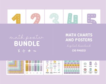 Math Poster Bundle - Digital Download Only - Addition, Subtraction, Multiplication, Division, Fractions, Shapes - Place Values - Pastel