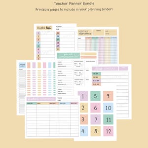 May include: A teacher planner bundle with printable pages. The pages include a class list, monthly attendance, parent communication log, student information, and class schedule. The pages are in pastel colors.