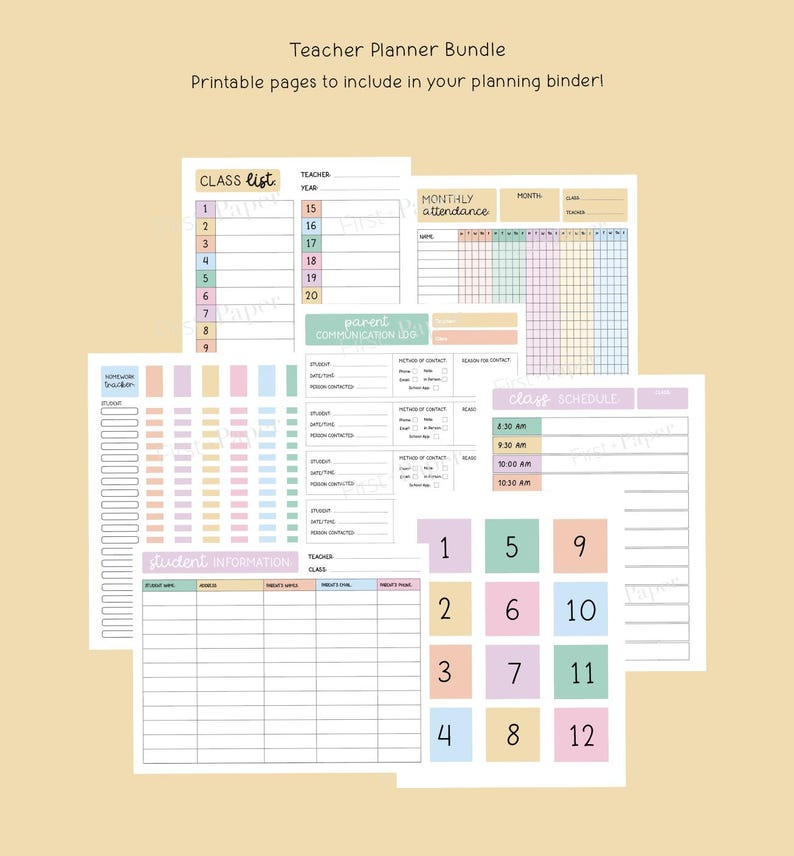 May include: A teacher planner bundle with printable pages. The pages include a class list, monthly attendance, parent communication log, student information, and class schedule. The pages are in pastel colors.
