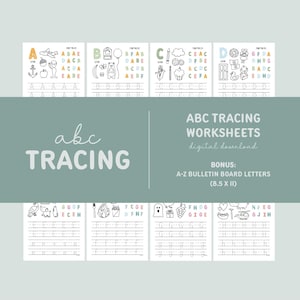 Op de afbeelding: Een set met printbare alfabet-oefenbladen voor kinderen. Elke pagina bevat een andere letter van het alfabet met een schattige illustratie en lijnen om te traceren. De oefenbladen zijn ontworpen om kinderen te helpen het alfabet te leren schrijven. De set bevat ook een bonusset met A-Z-briefkaarten voor het prikbord.