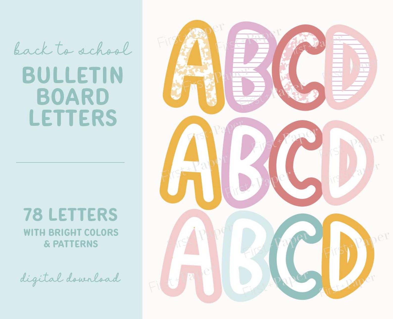78 Letters Back to School Theme Bulletin Board Letters - Digital Download Only - A ...