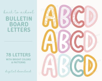 Back To School Theme  Bulletin Board Letters - Digital Download Only - A-Z - Fun Colors & Patterns -  Classroom Decor Images