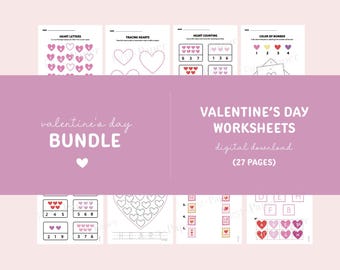 Valentine's Day Worksheets - Digital Download Only - Preschool - Letter Practice - Tracing - Counting - Matching - Cutting - Coloring