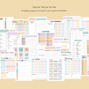 May include: A Teacher Planner Bundle with printable pages in pastel colors. Includes class lists, weekly checklists, monthly calendars, and daily planning sheets. Text includes "Teacher Planner Bundle" and "Printable pages to include in your planning binder!"