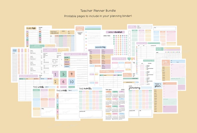May include: A Teacher Planner Bundle with printable pages in pastel colors. Includes class lists, weekly checklists, monthly calendars, and daily planning sheets. Text includes "Teacher Planner Bundle" and "Printable pages to include in your planning binder!"