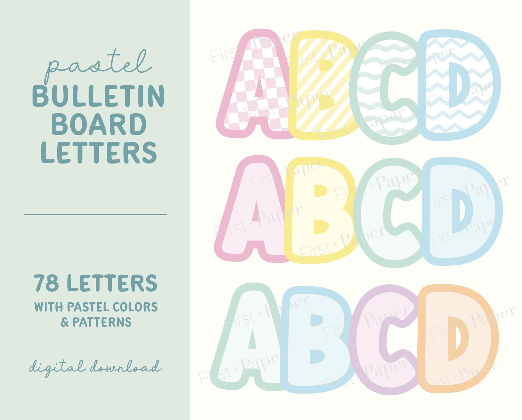 Pastel Bulletin Board Letters- Digital Download Only - A-Z - Pastel Colors & Patterns - Bold Font -  Classroom Decor
