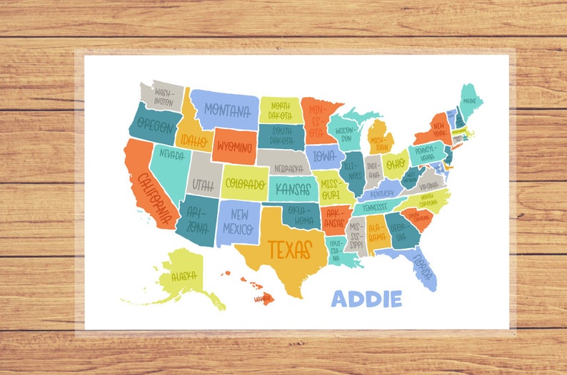 Personalized Kids Placemats USA States and Capitals Map Etsy